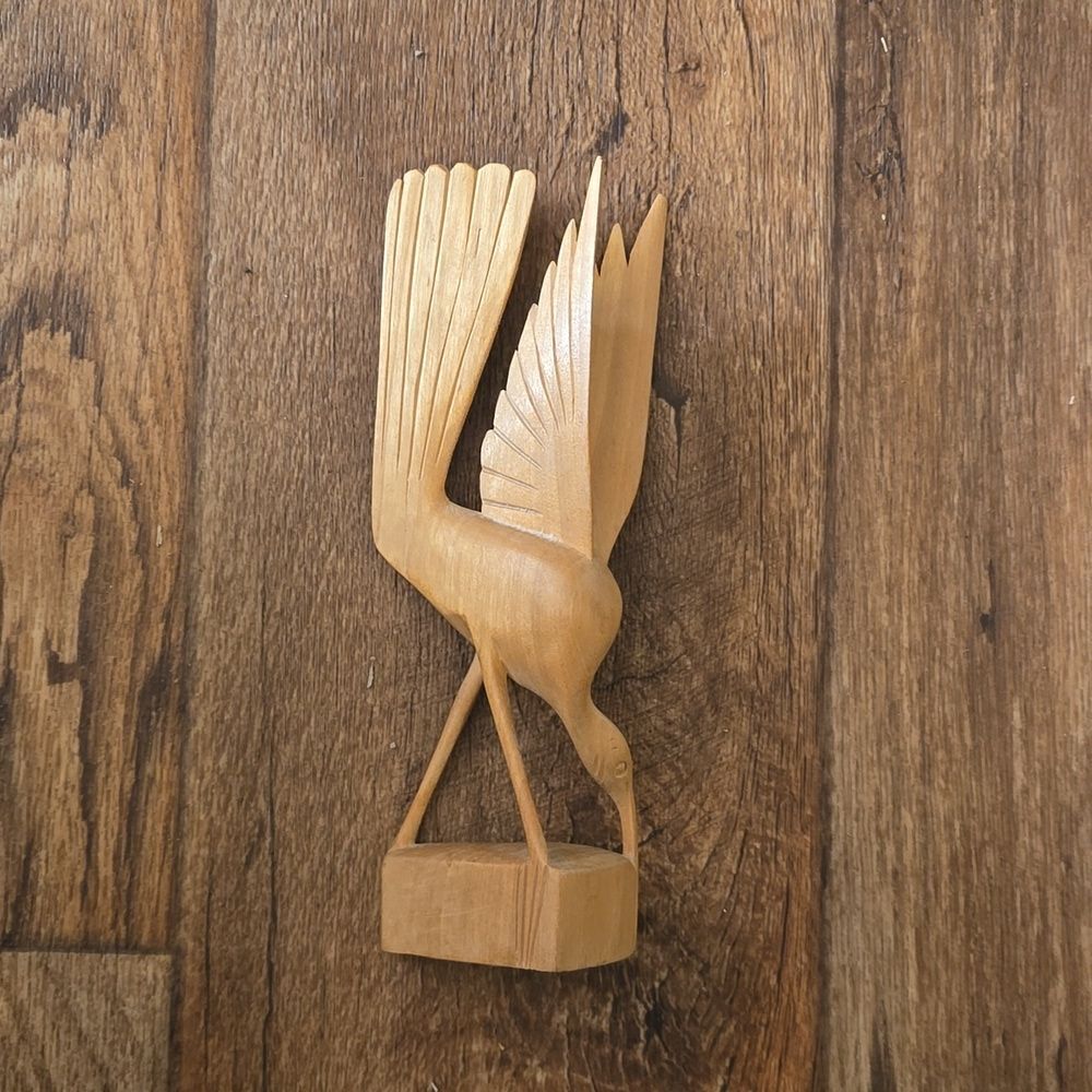 VTG Danish Wooden Heron Sculpture • Hand‑Carved Wading Bird